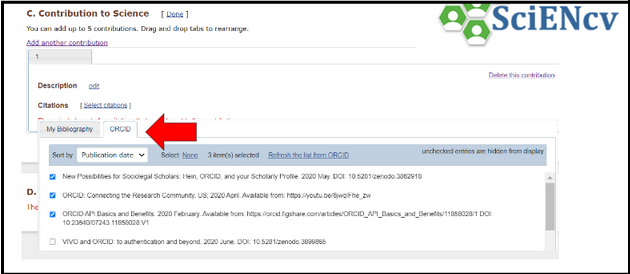 Figure 3: An example of how researchers can choose which works information they want to import from ORCID into their SciENcv biosketch (Step 2)